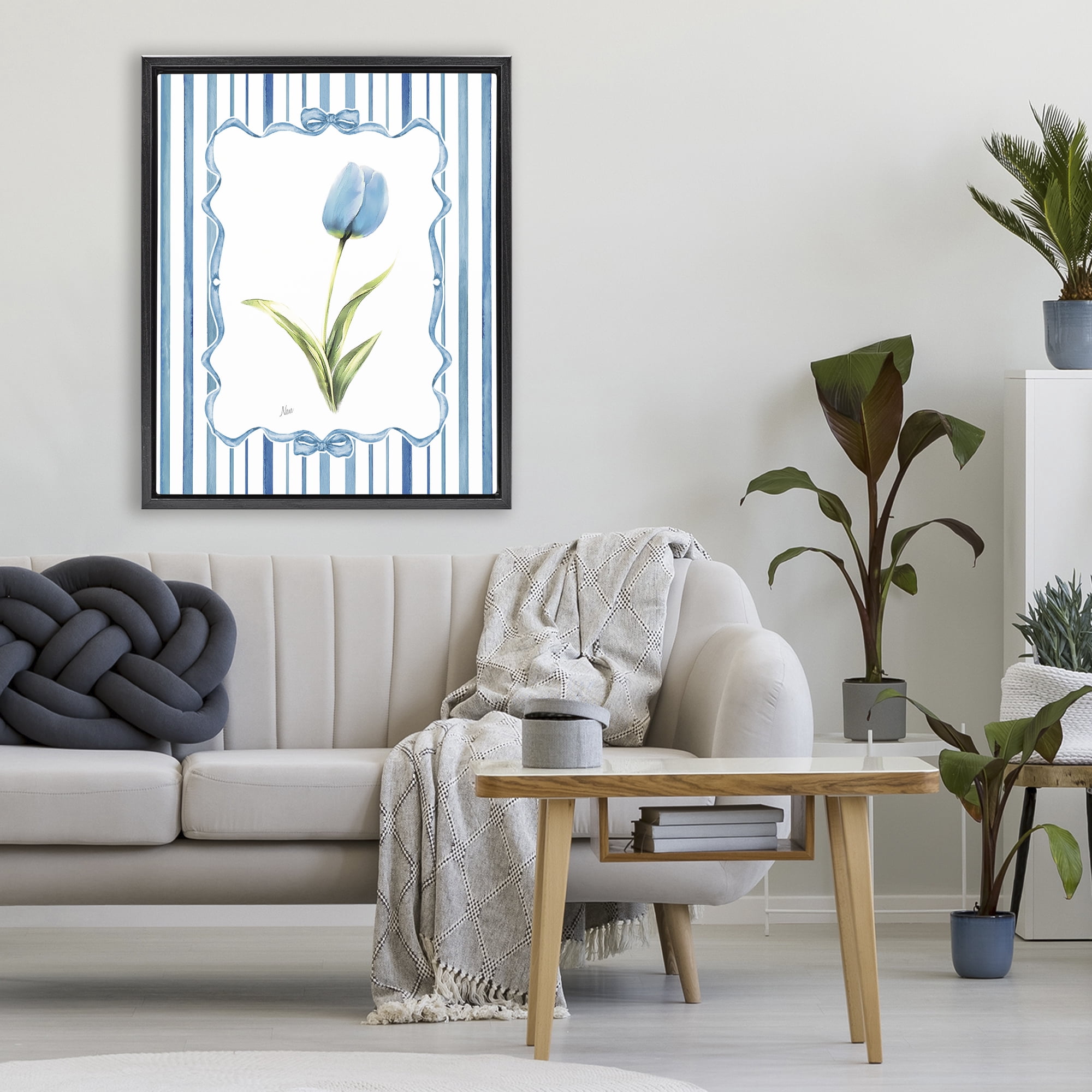 Stupell Industries Blue Tulip & Ribbon Border Black Framed Floater Canvas Wall Art, design by Nan