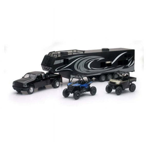 Pickup Truck with Toy Hauler and Polaris Vehicles Set, Black - New Ray 37046 - Diecast Car