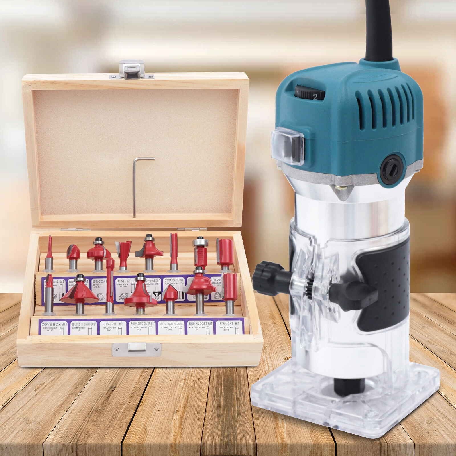 800W Wood Router Tool 15 Wood Router Bits Compact Trim Router with 6 Variable Speed