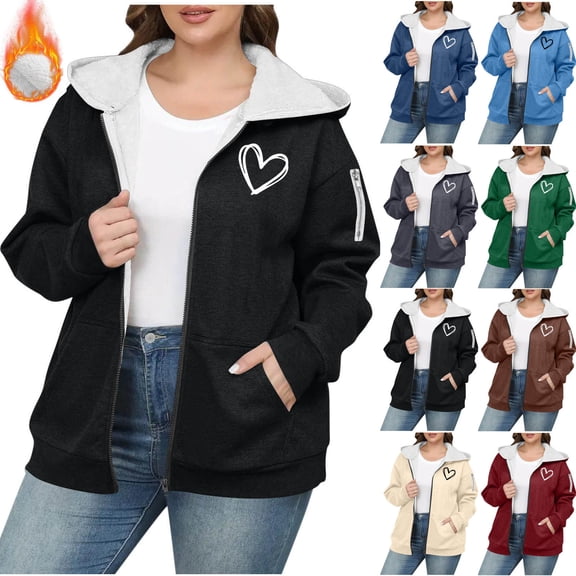 Rvasteizo Women's Plus Full Zip Fleece Hoodie Casual Fall Winter Solid Long Sleeve Oversized Top