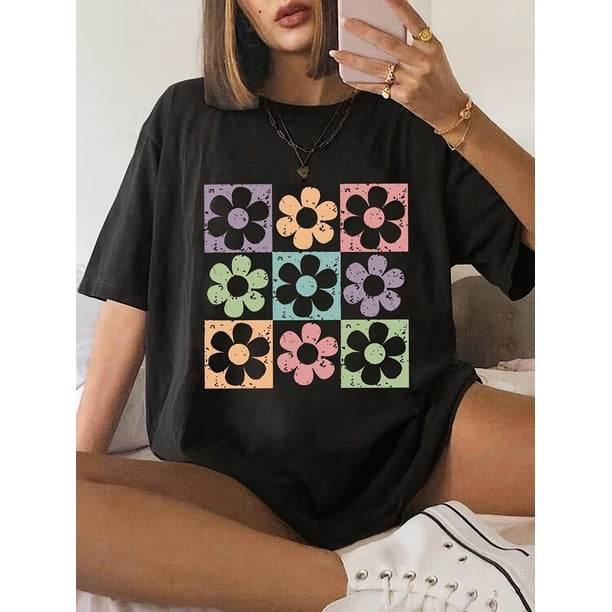 Women'S Floral Graphic Print T-Shirt, Casual Crew Neck Short Sleeve Top, Knit Polyester 95% Spandex 5% Blend, Regular Length, All Seasons - 180gsm Tee For Adult, Men, Women, Teen, Teenager, Adolescen