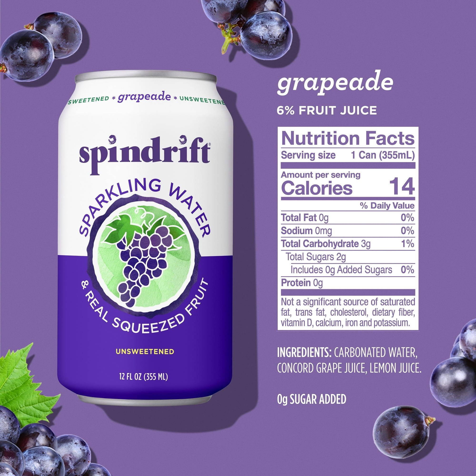 Spindrift Sparkling Water, Grapeade, Made with Real Squeezed Fruit, 12 fl oz, 8 Count, No Sugar Added, 14 Calories per Can