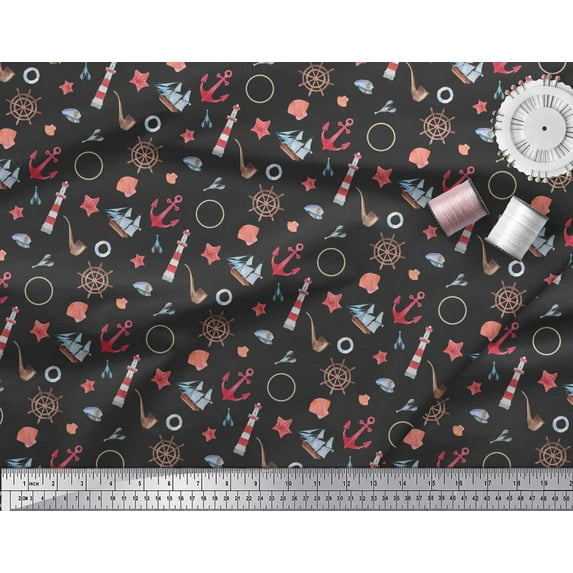 Soimoi Black Crepe Silk Fabric Ship Wheel,Anchor Hook & Yacht Nautical Print Sewing Fabric Yard 42 Inch Wide