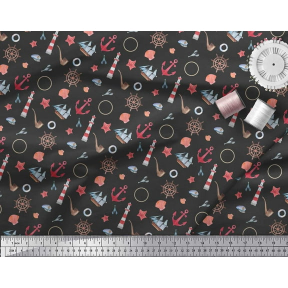 Soimoi Black Crepe Silk Fabric Ship Wheel,Anchor Hook & Yacht Nautical Print Sewing Fabric Yard 42 Inch Wide