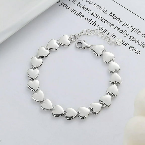 HOOUN Real Solid 925 Sterling Silver Chain Women Glossy Heart Beaded Link Bracelet