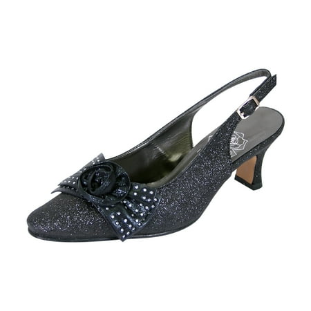 

FLORAL Alaina Women s Wide Width Crystal Rose Bow Glitter Fabric Upper Slingback BLACK 8.5