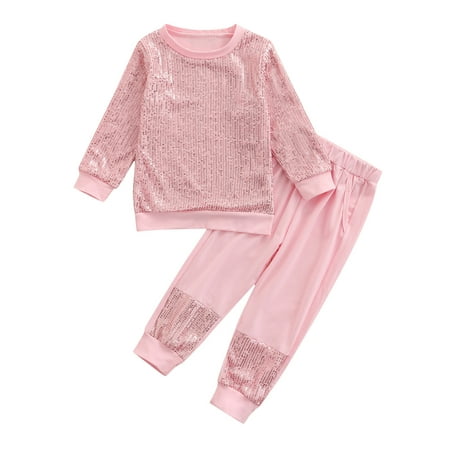 

Sunisery 2Pcs Toddler Baby Girls Clothes Set Sequin Love Pattern Long Sleeve Pullover Tops Pants Fall Outfit Pink 2-3 Years