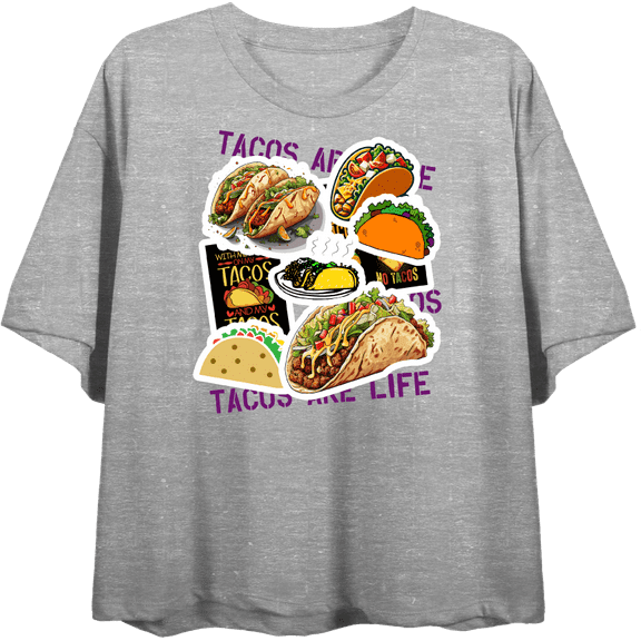 "Tacos Are Life" Taco Stickers Women's Heather Gray Crew Neck Short Sleeve Top-Medium