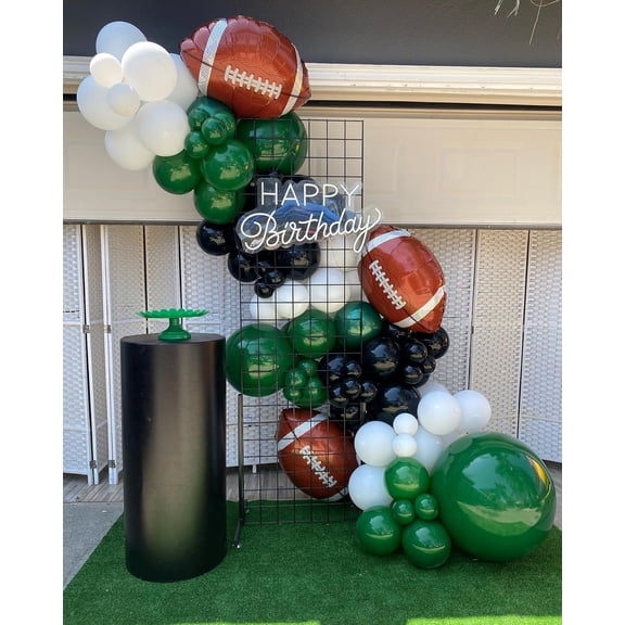 Football Balloon Garland Arch Kit with Sage Green and Black White Balloons and Football Foil Balloon for Super Bowl Sport Theme Party Decorations