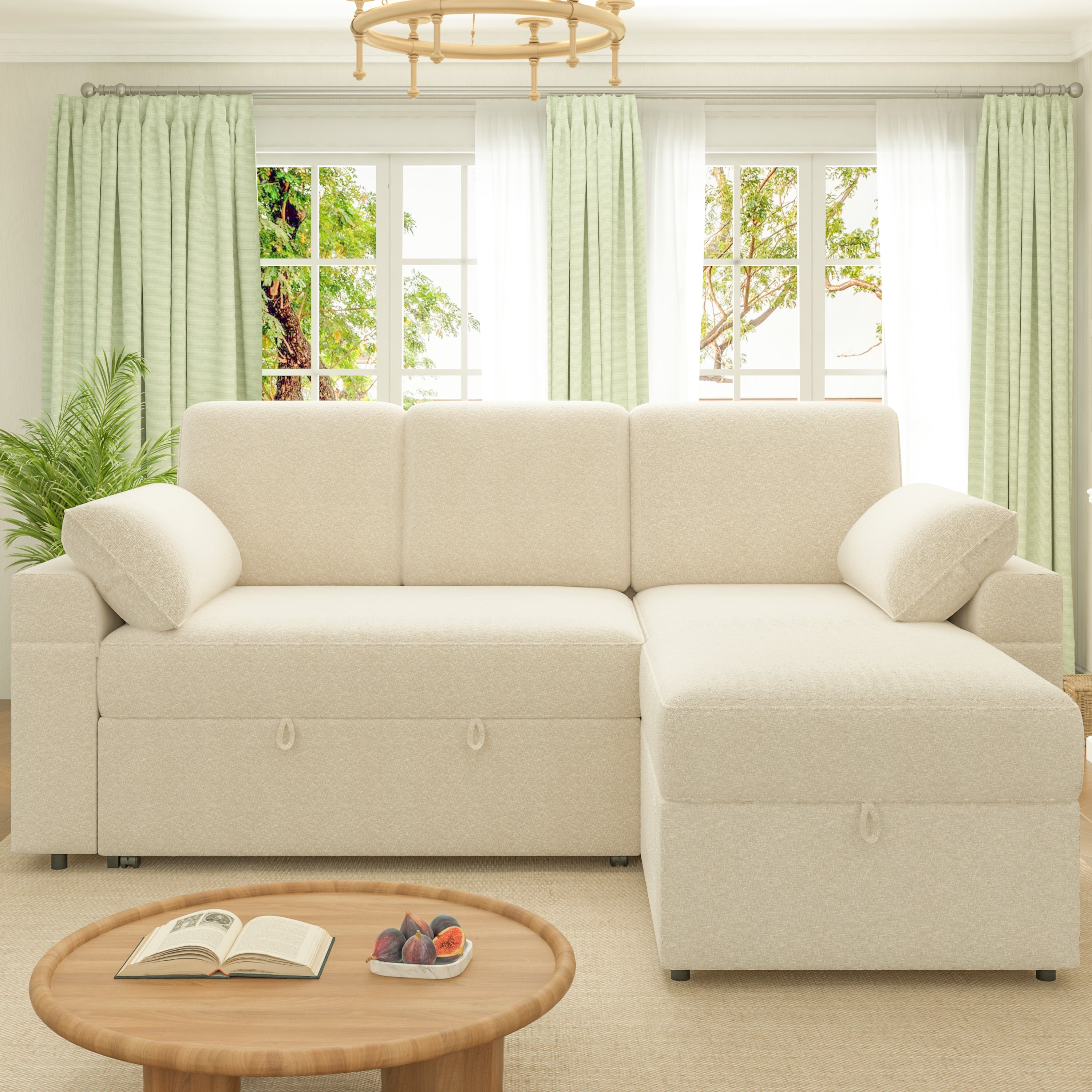 VANACC Sleeper Sofa Bed with Foldable Armrests,Storage Chaise & 5" Cushions,Beige