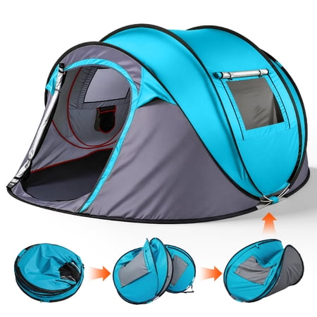 4 Person Pop Up Tent for Camping Waterproof Instant Family Tent with Front Awning Automatic Tent Throw Pop Up Instant Flip Pop Tent for Camping Blue