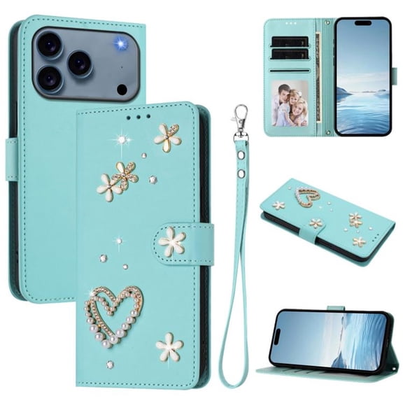 Leather For Apple iPhone 17 Pro Max Case Double Layered Heart-shaped Flower Flip Wallet Leather Case, Card Holder Magnetic Closure Phone Cases Cover With Hand Strap,Green,For iPhone 17 Pro Max