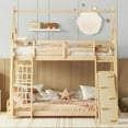 thumbnail image 3 of Euroco Twin over Queen Bunk Bed with Climbing Nets and Ramp for Kids Bedroom, Natural, 3 of 13