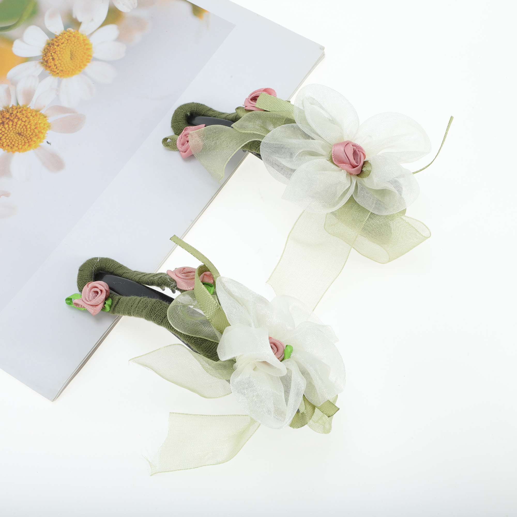 Unique Bargains 2Pcs Rose Flowers Hair Clip Set in Green