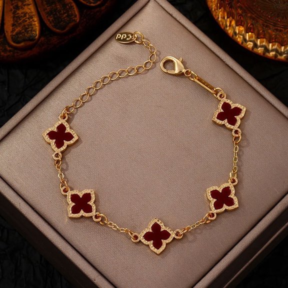 Lucky Five Leaf Clover Bracelet 14K Yellow Gold Plated Red Charm Dainty Jewelry for Her Lab Created Diamond