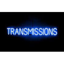 SpellBrite TRANSMISSIONS LED Sign for Business. 46.7" x 6.3" Blue TRANSMISSIONS Sign Has Neon Sign Look With Energy Efficient LED Light Source. Visible from 500 Feet, 8 Animation Settings.