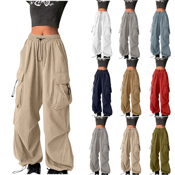 Women's Cargo Pants with Pockets, Drawstring Elastic Waist, Loose Fit Long Trousers, Casual Streetwear, Hiking, Travel Outfits, Daily Essentials,Coffee M