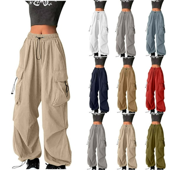 Olyvenn Cargo Pants Women High Waist Baggy Casual Solid Parachute Trousers Summer Loose Fit Y2K Streetwear with Mutil Pockets Khaki XL
