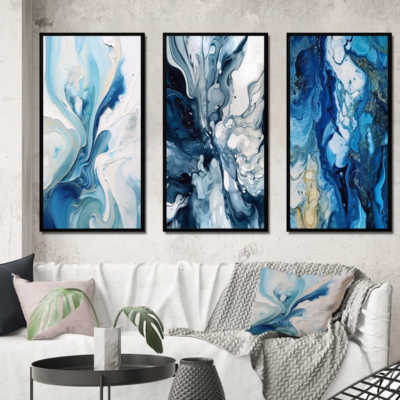 Designart "Ethereal Elixir Blue Grey Tranquility IX" Abstract Framed Wall Art Set Of 3 - Blue Abstract Frame Gallery Set For Office Decor