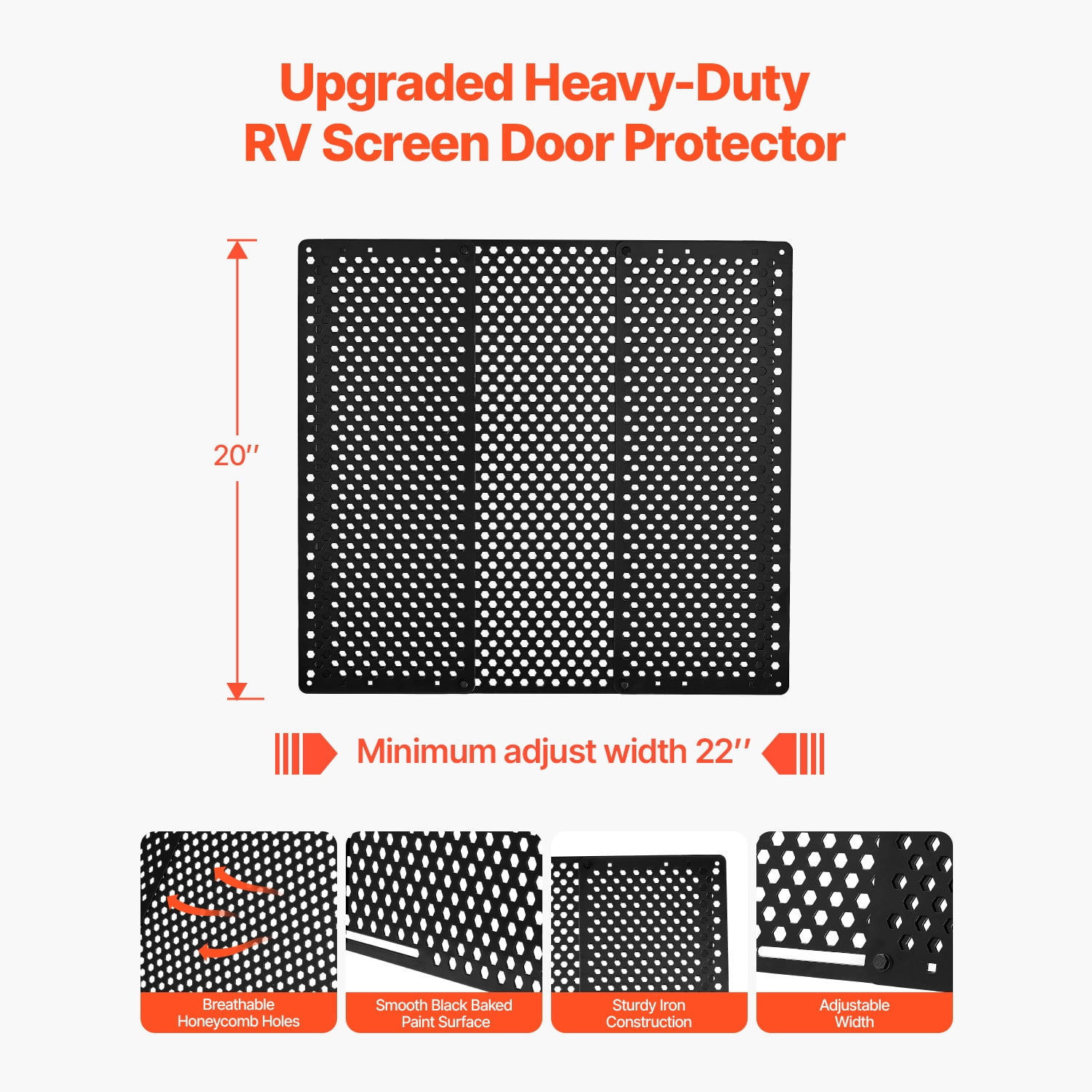 KFFKFF Adjustable RV Screen Door Protector, Fits 22 to 31.5 Inches, Durable Iron Door Grille with Honeycomb Design, Easy Installation, Breathable Entry Guard for Pet Safety, Black