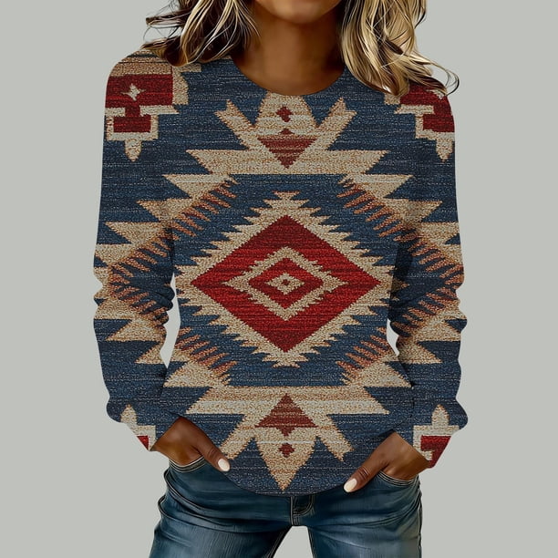 TaTaai Ladies Fashion Retro Western Print Round Neck Regular Shoulder Long Sleeve Sweatshirt Casual Loose Soft Top for Daily Streetwear Office Spring Winter Gift
