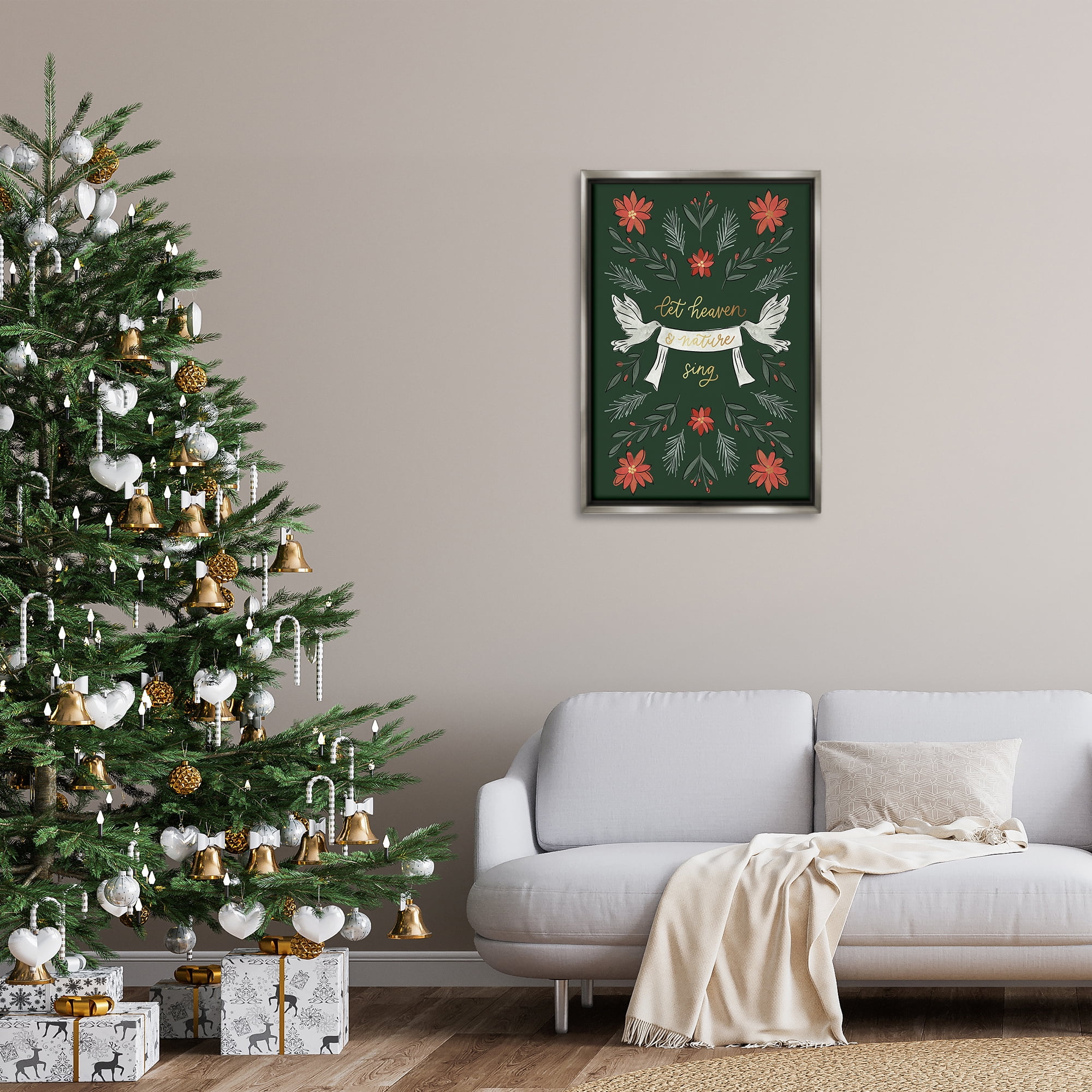 Stupell Industries Xmas Let Heaven Sing Holiday Painting Gray Floater Framed Canvas Art Prints Wall Art, 21 x 31