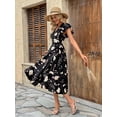 thumbnail image 4 of Black Floral Printed Wrap Midi Dress With Ruffle Sleeves For Women, 4 of 7