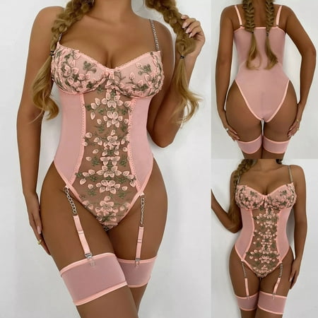 

Honeeladyy Women Exquisite Lace Lingerie Bra+Garter+Briefs Set Babydoll Cut-Out Sleepwear sexy nightgowns for women