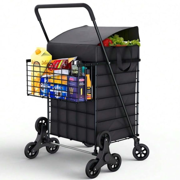 YFLXDMLYYSC Collapsible Shopping Cart with Double Basket & Waterproof Liner - Grocery, 360° Swiveling Wheels, with Carry Bag
