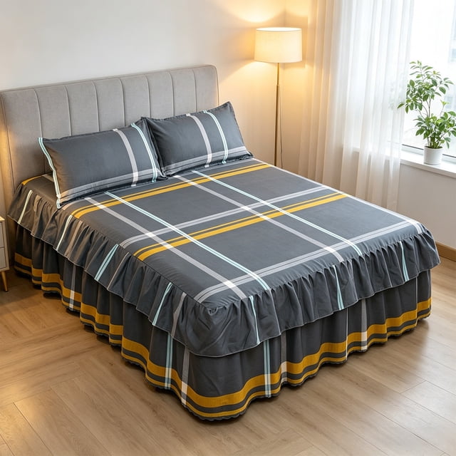 Bed Skirt Set Ruffled Design Polyester Fabric with Elastic Fit Hide Storage for Bedroom Decor