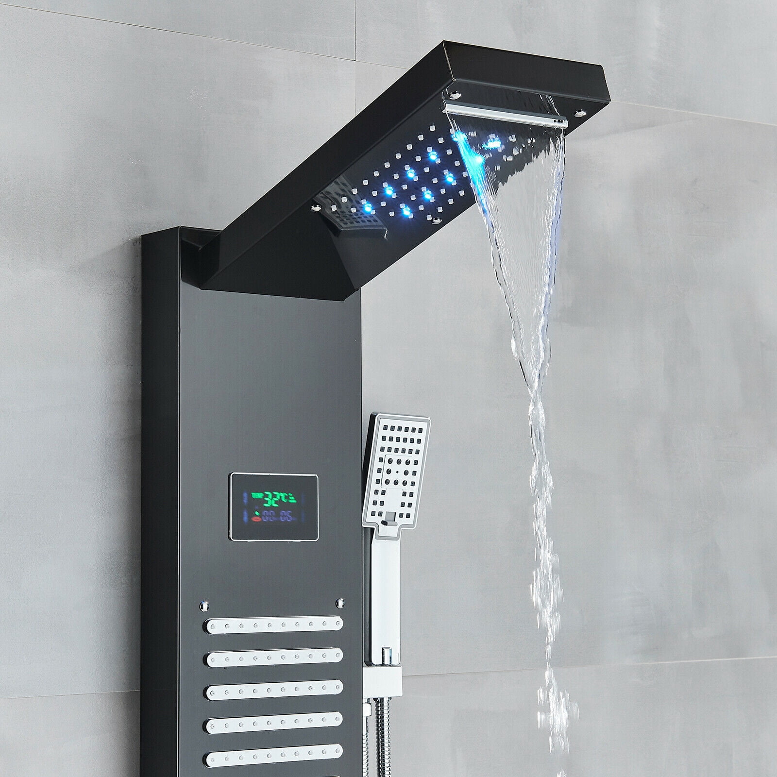 LED Shower Panel Tower System Rain&Waterfall Massage Black Stainless