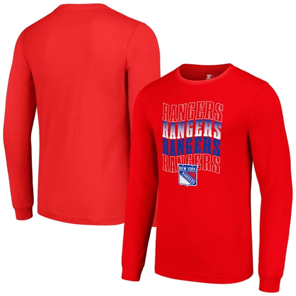Men's Starter Red New York Rangers Four Team Name Logo Long Sleeve Graphic T-Shirt