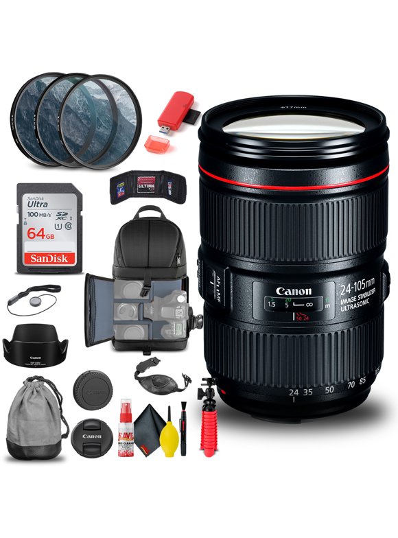 Canon EF 24-105mm f/4L IS II USM Lens (1380C002), Filter Kit, BackPack, 64GB Card, Card Reader, Flex Tripod, Memory Wallet, Cap Keeper, Cleaning Kit, Hand Strap