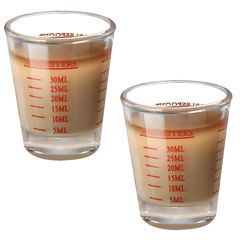 Set of 2 Shot Glass Measuring Cups - Liquid Heavy Glass with Letters - Red