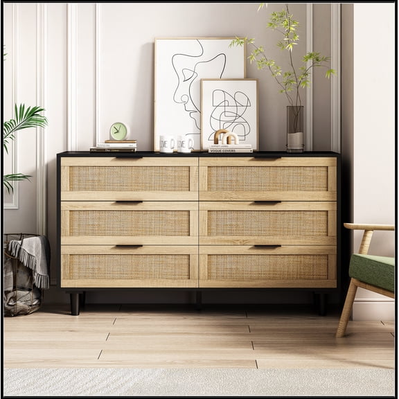 51.18"6-Drawers Rattan Storage Cabinet Rattan Drawer,for Bedroom,Living Room,Black