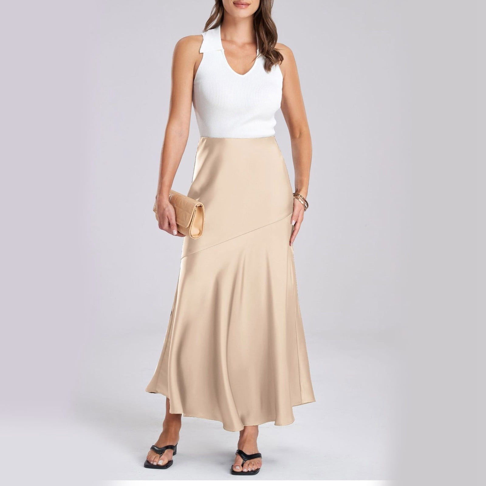 Wyzesi Jupes pour Femmes Longueur Genou Satin Taille Haute