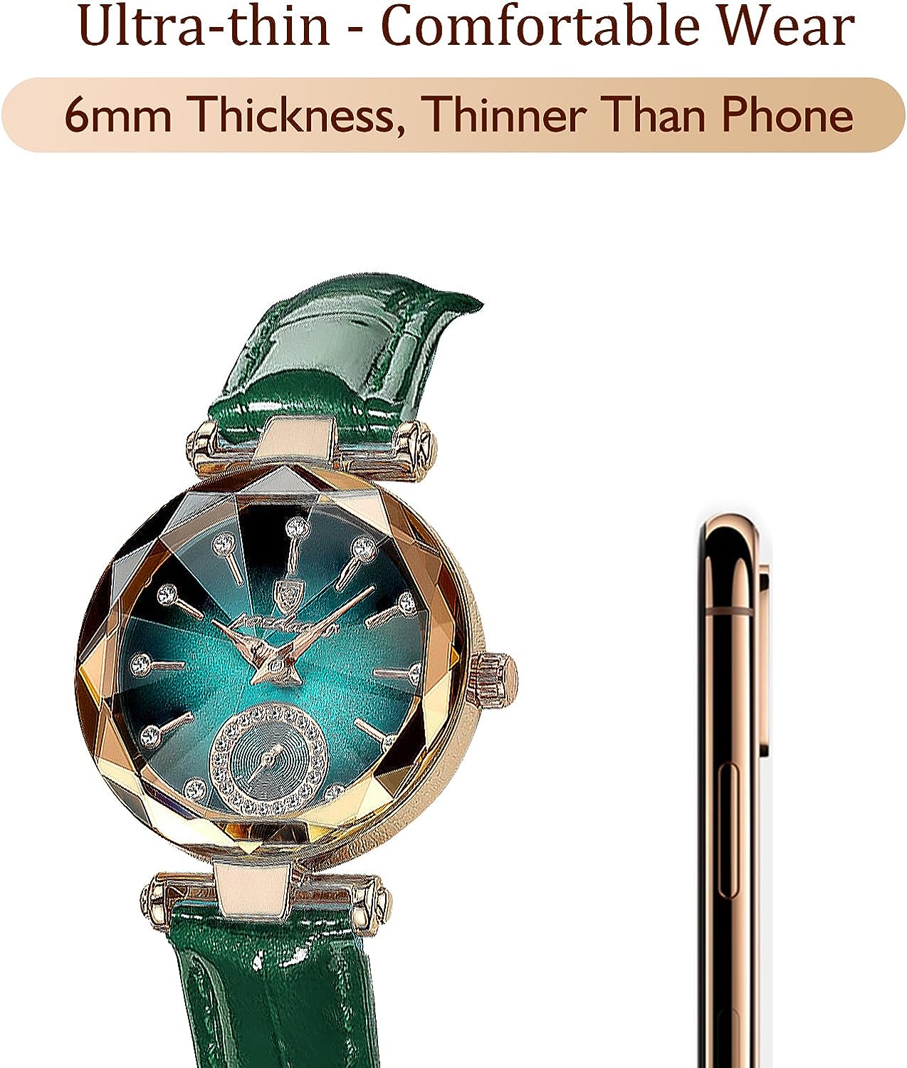 Womens Green Blue Elegant Leather Strap Analog Creative Diamond Dial Wrist Watch Emerald Eyes – Celeste Watch Company main image 4