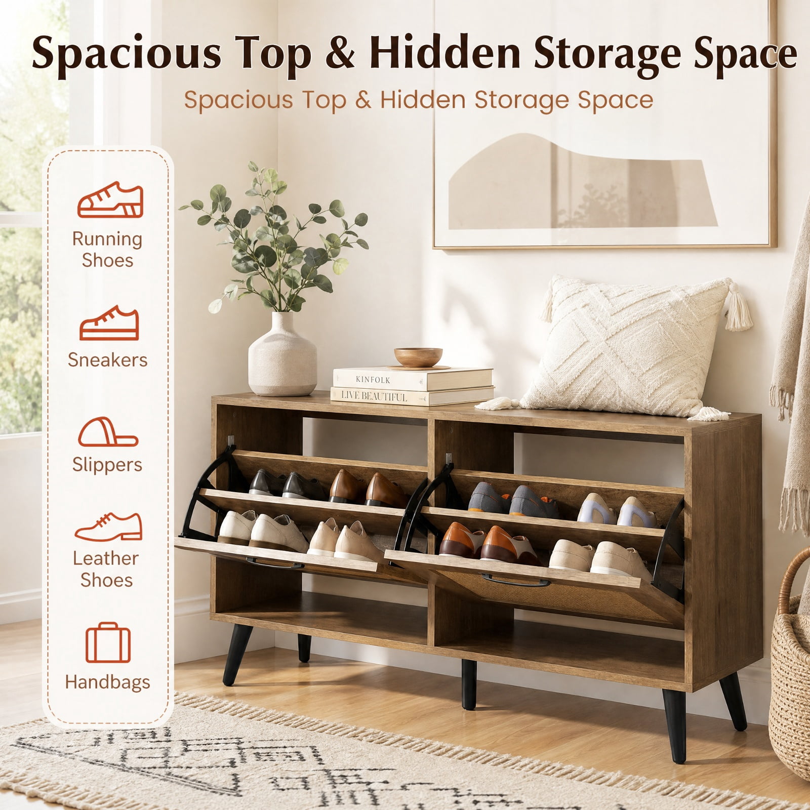 Furnibear Modern Freestanding Shoe Cabinet with 2 Flip Drawers and Adjustable Shelves for Entryway Hallway Shoe Storage Organizer, Natural