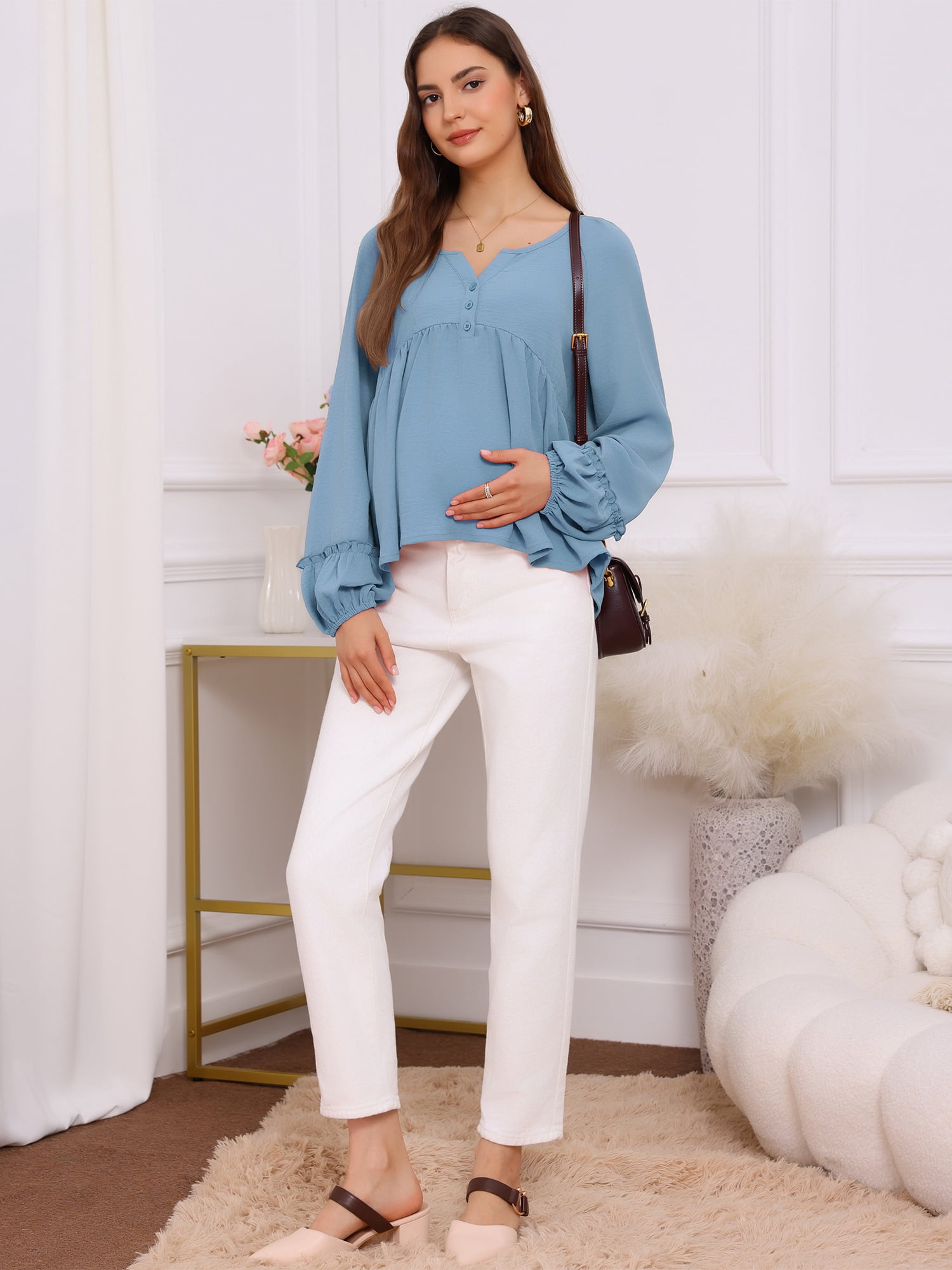 DARING DIVA Women's Maternity Empire Waist Babydoll Lantern Sleeve Blouse 2XL Blue