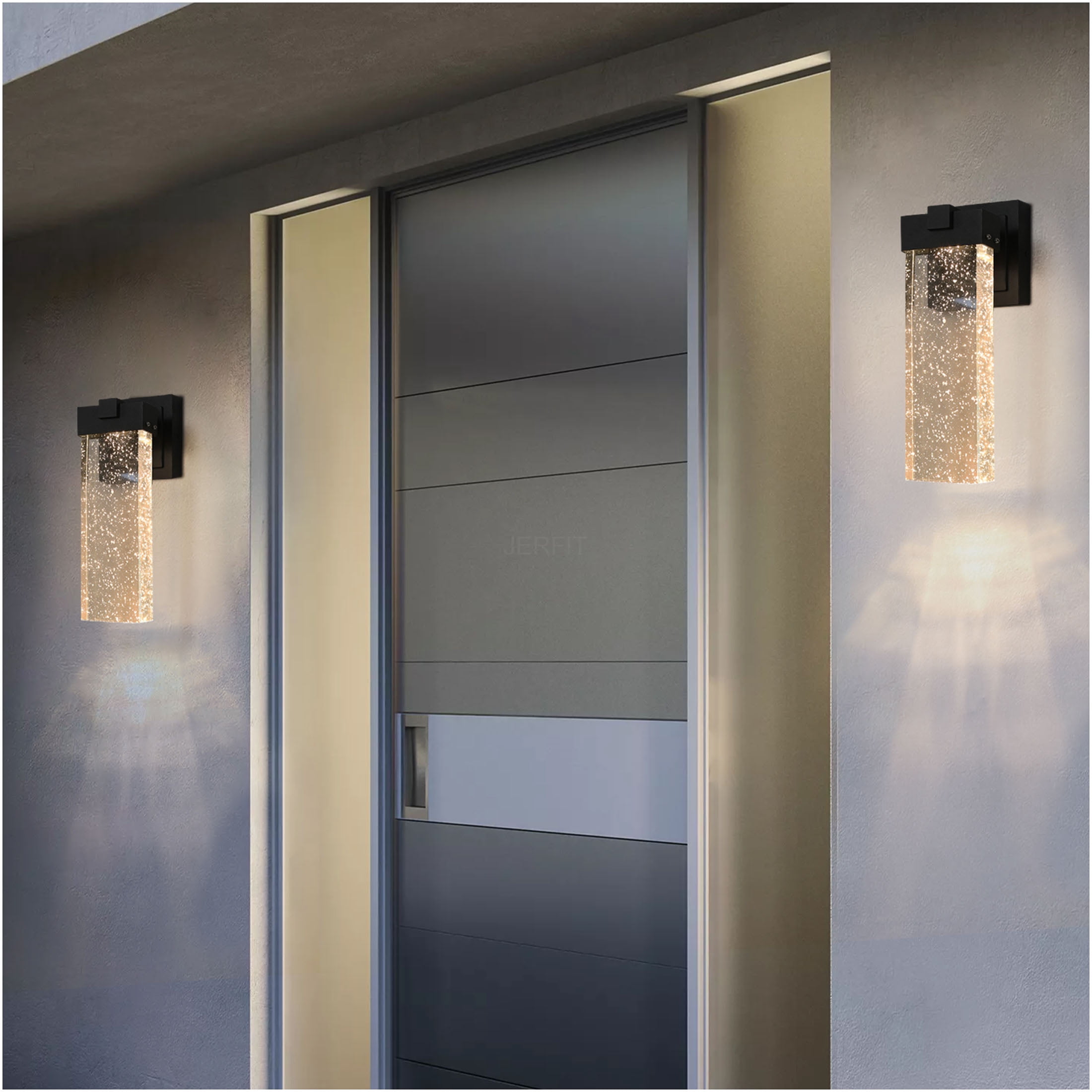 JERFIT Modern Outdoor Wall Lantern with Crystal Glass, 2-Pack Black LED Sconce Light with Dusk to Dawn Sensor, Waterproof for Porch Garage Entryway