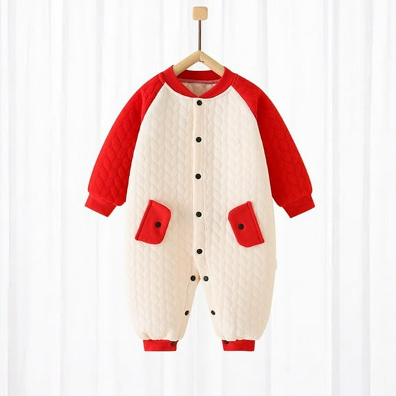 AUNVITO Thermal Cotton-Filled Romper For Boys & Girls 0-18M Winter Warm Solid Color Long Sleeve One-Piece Pajamas With Snap Closure