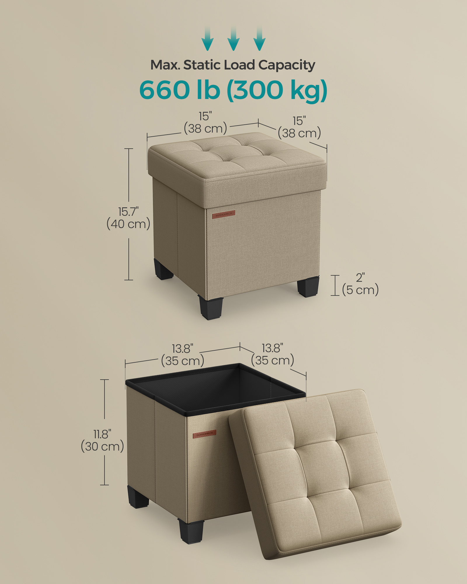 Storage Ottoman Foot Stool with Tufted Linen-Look, 15 x 15 x 15.7 Inches, 660 lb Capacity, Foldable for Living Room, Bedroom & Dorm, Camel Brown