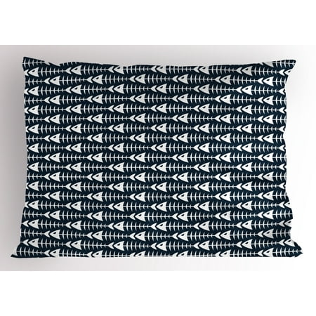 Animal Pillow Sham Fish Bone Skeleton Pattern with Spines Sea Underwater Theme Illustration, Decorative Standard Size Printed Pillowcase, 26 X 20 Inches, Petrol Blue White, by
