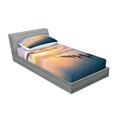 thumbnail image 2 of Ambesonne Nature Fitted Sheet & Pillow Sham Set, Sunset Abandoned Jetty, Twinxl, Marigold Petrol Blue, 2 of 2