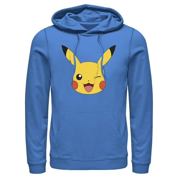 Men's Pokemon Pikachu Wink Face Pull Over Hoodie Royal Blue Large