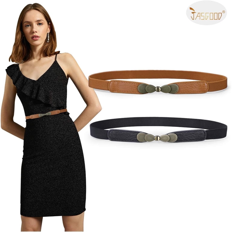 9659 Women Skinny Elastic Belt For Dresses,thin Retro Stretch Waist 2 Pack Skinny Elastic Belts for Women Thin Stretchy Waist  main image 4