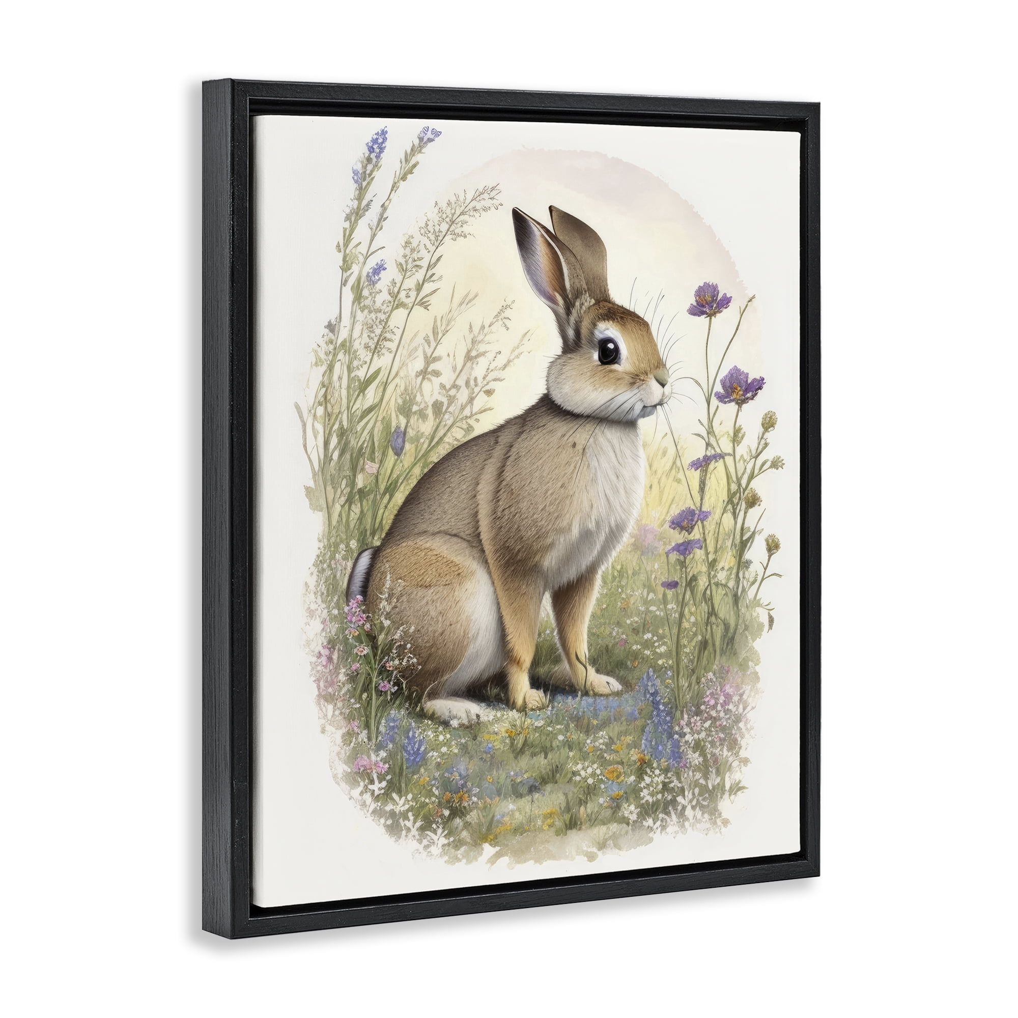 Stupell Industries Rabbit with Meadow Blooms Animals & Insects Painting Black Floater Framed Canvas Art Print Wall Art, 17 x 21