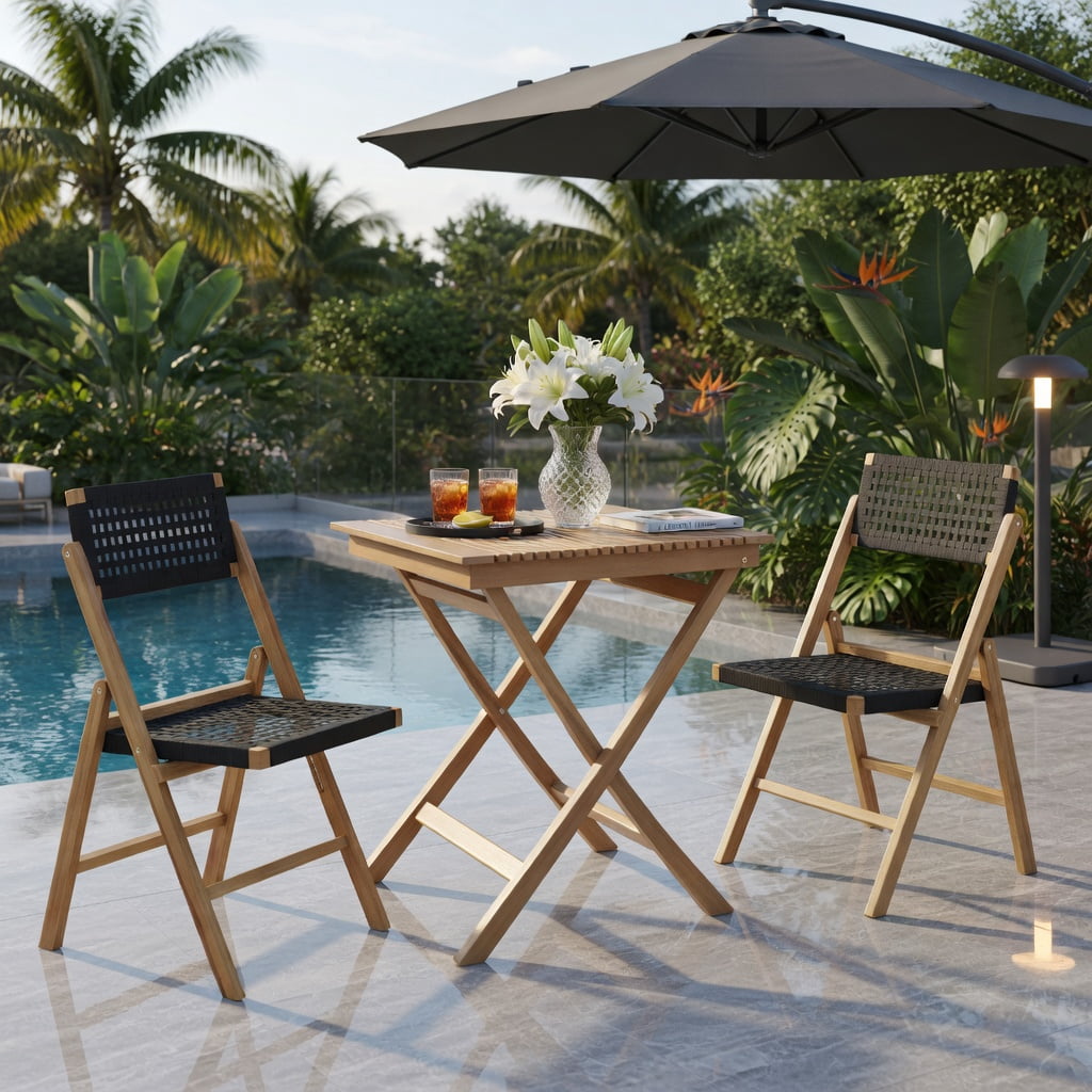 Hommoo 2-Pack Folding Teak Wood Dining Chairs with Woven Rope Seat & Back, Indoor/Outdoor Stackable Patio Chairs for Backyard, Poolside, Camping, Natural+Black