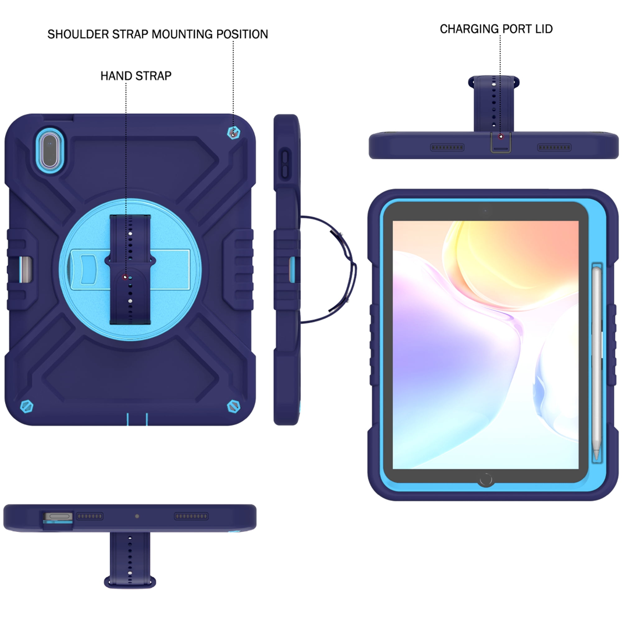 Dteck Kids Case for iPad 10th Generation Case 2022, Military Grade Shockproof Rugged Cover for iPad 10th Gen 10.9 Inch with 360° Swivel Stand - Handle - Shoulder Strap - Pencil Holder,Navy Blue