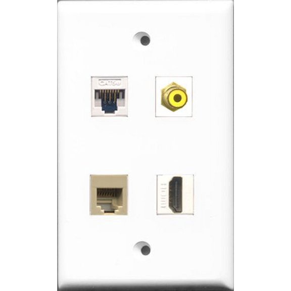RiteAV 1 Port HDMI and 1 Port RCA Yellow and 1 Port Phone RJ11 RJ12 Beige and 1 Port Cat5e Ethernet White Wall Plate